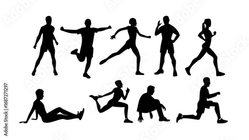 Silhouette fitness workout exercise training sport activity running stretching jumping and yoga poses vector 100