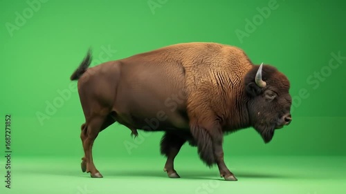 Green Screen Food & Beverage Majestic Bison with Horns Walking on Green Screen Background  Chroma Key