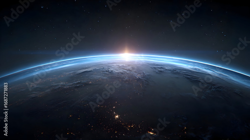 Fototapeta Naklejka Na Ścianę i Meble -  Earthrise: Planet Earth from Space with Sun Rising Over Horizon