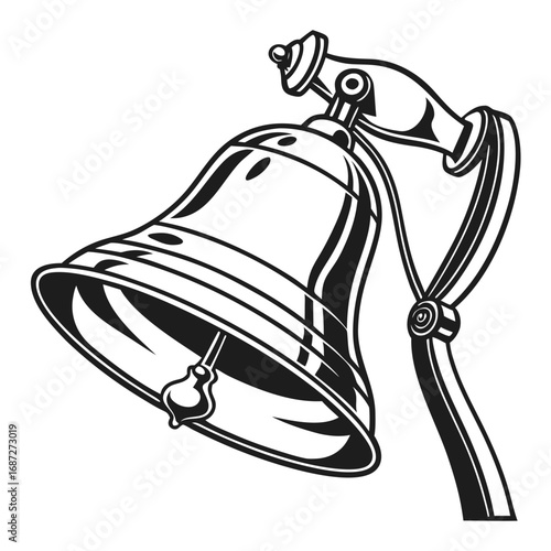 Illustration of a shiny metal bell with a clapper hanging from a decorative mounting bracket design