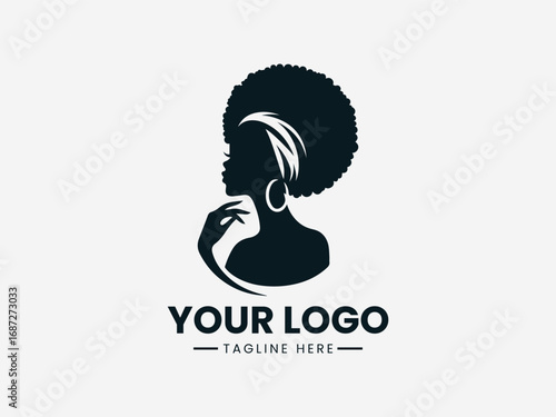 African woman silhouette vector logo with natural afro hairstyle headwrap and earrings