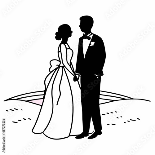 Silhouette of a bride and groom holding hands in formal wear standing on a landscape background design