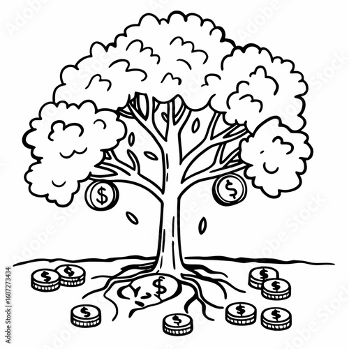 Illustration of a money tree with dollar coins hanging and scattered around the roots on the ground
