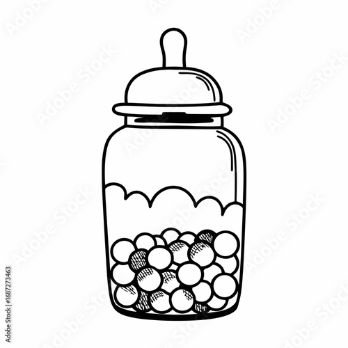 Illustration of a glass jar with a lid filled with round objects in a black and white sketch style