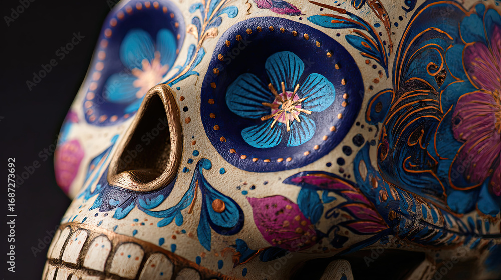 Naklejka premium Decorated Sugar Skull – Colorful Floral Day of the Dead Illustration