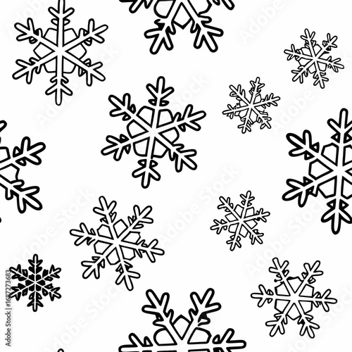 Black outlined snowflakes in varying sizes scattered on a white background creating a seamless pattern
