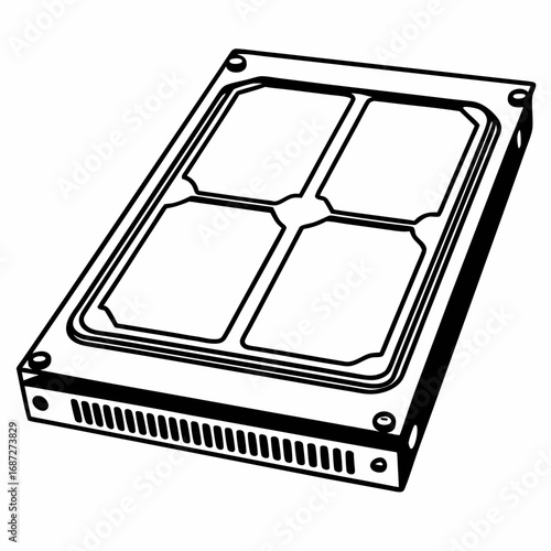 Isometric view of a hard drive with four quadrants and ventilation slots in a black and white drawing