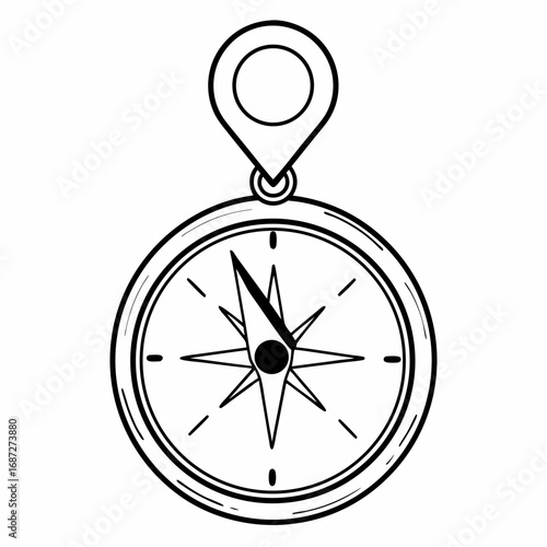 A compass with a location pin hanging above it in black and white line art style on a white background