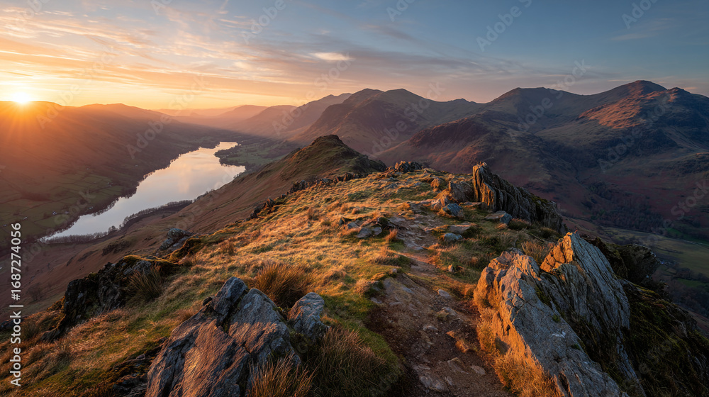 Fototapeta premium Aerial view of a mountain range with a lake and a sunset in the distance landscape scene