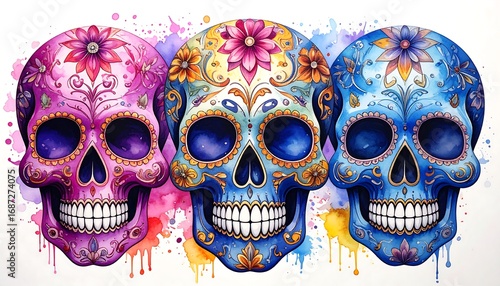 Three vibrant sugar skulls, watercolor splash