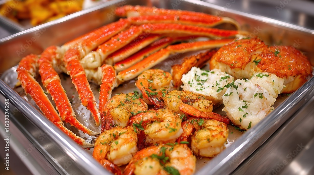 Medium shot capturing a cooked seafood platter featuring steaming crab legs lobster tails and grilled shrimp with a blurred kitchen background. Medium shot capturing a cooked seafood platter featuring steaming crab legs lobster tails and grilled shrimp with a blurred kitchen background.