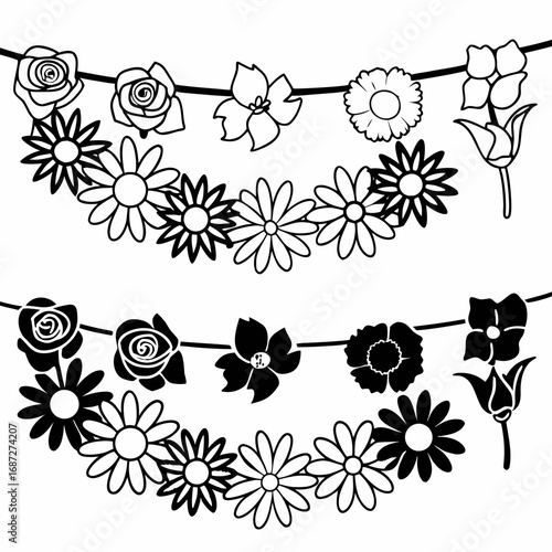 Floral garlands with roses and daisies hanging on strings in black and white line art style design