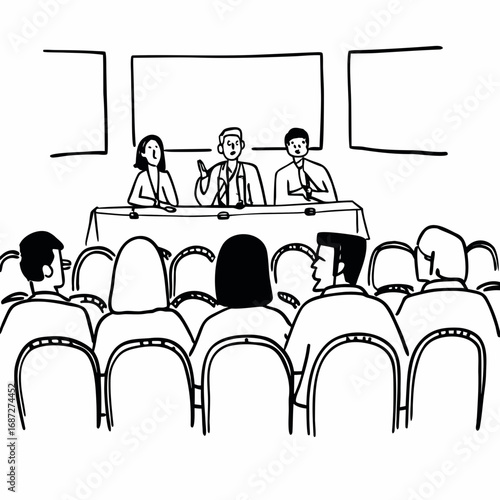 Illustration of a panel discussion with three speakers and an audience in black and white drawing style