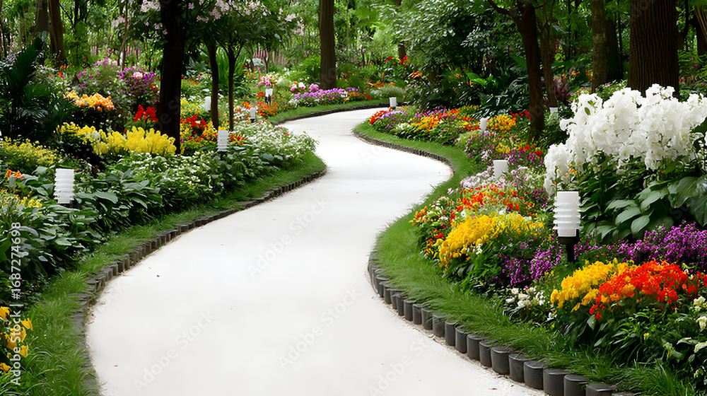 Fototapeta premium A winding light-grey path through a garden with colorful flowers and lush greenery.