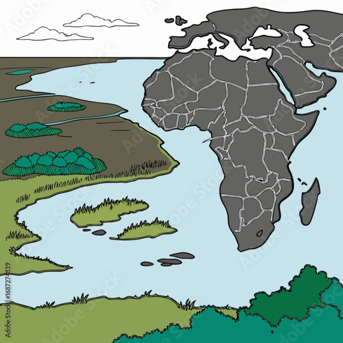 Minimilist illustration showing africa and europe continent near a river with green banks and some clouds above vector