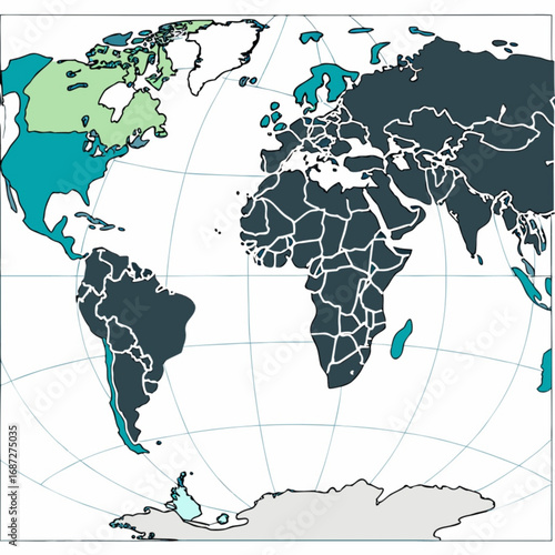 Minimilist world map showing continents with green and teal highlights on a grid projection style image design vector