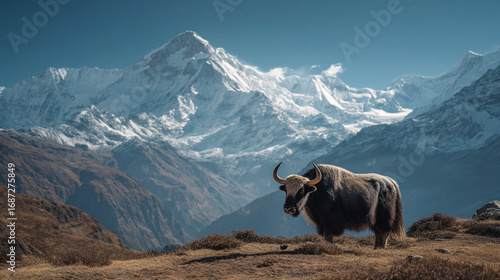 A yak standing on a hillside with snow capped mountains in the background on a clear day
