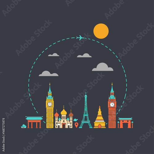 Global Travel World Landmarks Airplane Journey Illustration