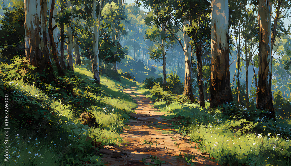 Fototapeta premium sunlit trail through eucalyptus forest tall trees an green undergrowth bathed n warm light creating seree natural scene