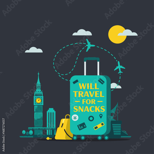 Travel For Snacks Funny Suitcase World Tour Flat Design Illustration