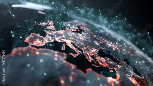 Aerial view of europe at night with digital network overlay and blurred background effect