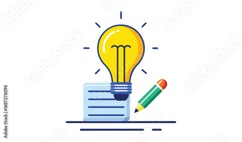 Bright idea bulb shining above paper and pencil