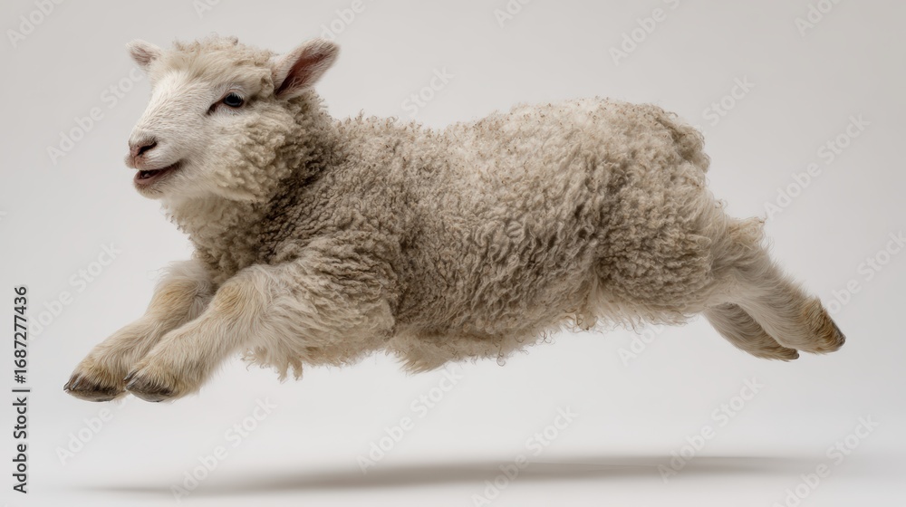 Obraz premium Cute fluffy baby goat in mid-jump displaying playful energy and adorable curiosity with soft woolly coat and expressive face