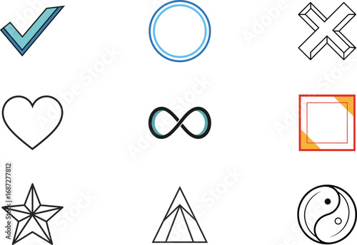 Nine simple graphic icons checkmark heart infinity symbol star triangle yin yang