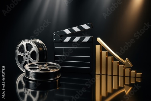 Film reel and cinema clapperboard with falling bar graph on reflective stage