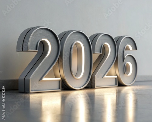 Metallic 2026 A 3D Render of the Year on a Modern, Reflective Surface Ready for Concepts