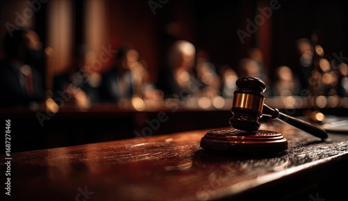 Gavel on wooden table, blurred courtroom setting