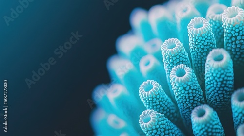 Detailed close-up of vibrant blue tube coral colonies against a dark ocean backdrop creating a