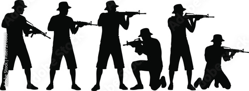 Silhouette of Armed Soldiers in Various Shooting Poses with Rifles and Tactical Gear for Military and Security Concepts