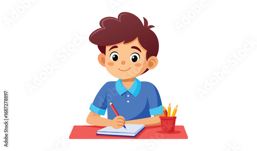 Young boy happily writing and drawing at a desk with art supplies