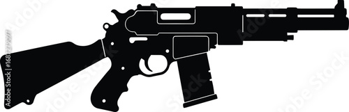 Silhouette of tactical assault rifle with magazine, stock, grip, trigger, and barrel, detailed firearm design isolated on white background vector