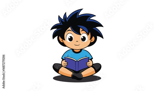 Cute anime boy reading a book sitting down with spiky hair