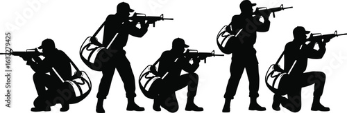 Silhouettes of armed soldiers with rifles and backpacks in various aiming and shooting positions isolated on white background vector