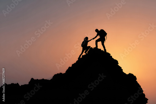 Wallpaper Mural Silhouette of hikers assisting each other to reach the mountain peak at dusk Torontodigital.ca