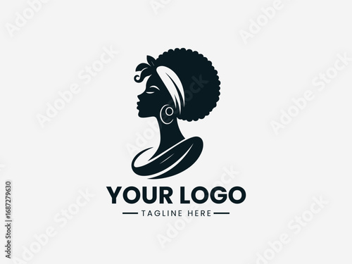 African woman silhouette vector logo with natural afro hairstyle headwrap and earrings