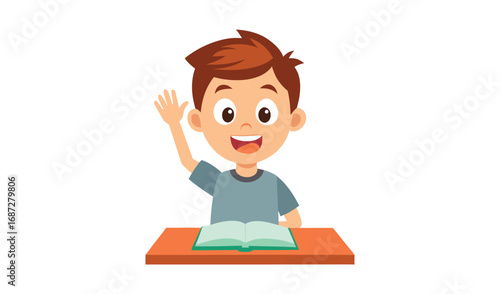 Happy young boy with hand raised at desk with open book
