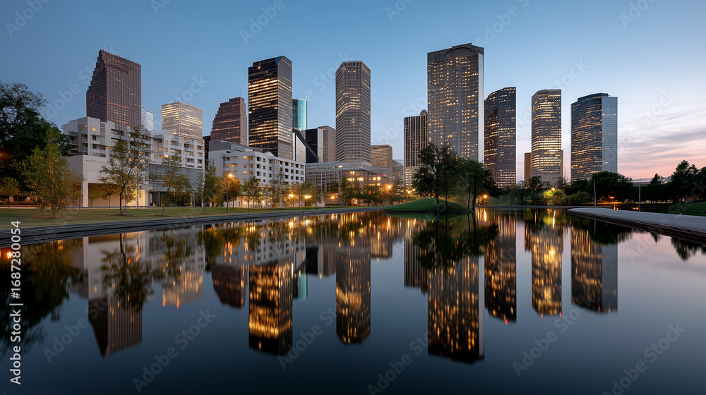Fototapeta premium Cityscape of houston texas with modern skyscrapers and water reflections