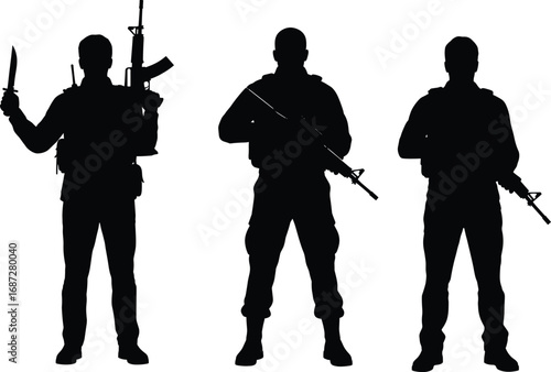 Silhouettes of three armed soldiers holding rifles and knife, standing in full gear with tactical backpacks on white background