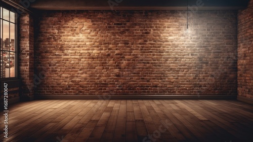 Warm, empty loft with exposed brick walls.