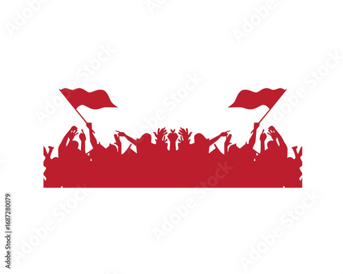 Vector graphic of a crowd of supporters or protesters in silhouette form. People with hands up and flags, representing a movement or public gathering
