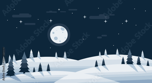Winter night landscape with moon and snow-covered hills  