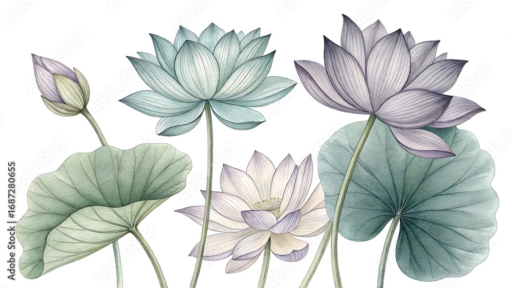 custom made wallpaper toronto digitalAi generated image of artistic drawing of lotus leaves in muted green grey and purple pencil shading style