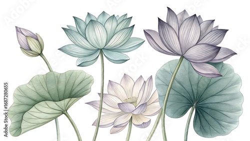Wallpaper Mural Ai generated image of artistic drawing of lotus leaves in muted green grey and purple pencil shading style Torontodigital.ca