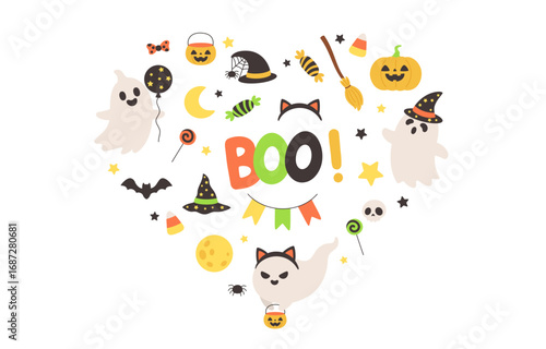 Halloween Ghost Elements Set with Boo Text Pumpkin and Witch Hat arrange as heart shape
