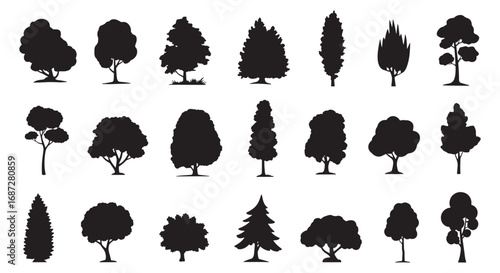 Collection of silhouetted trees in various shapes and sizes for natural design elements white background