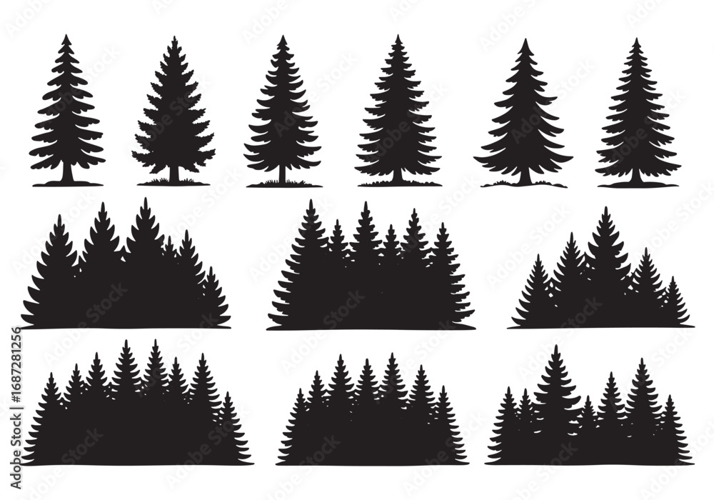 Obraz premium Collection of silhouette evergreen pine trees forest nature landscape elements for design white background